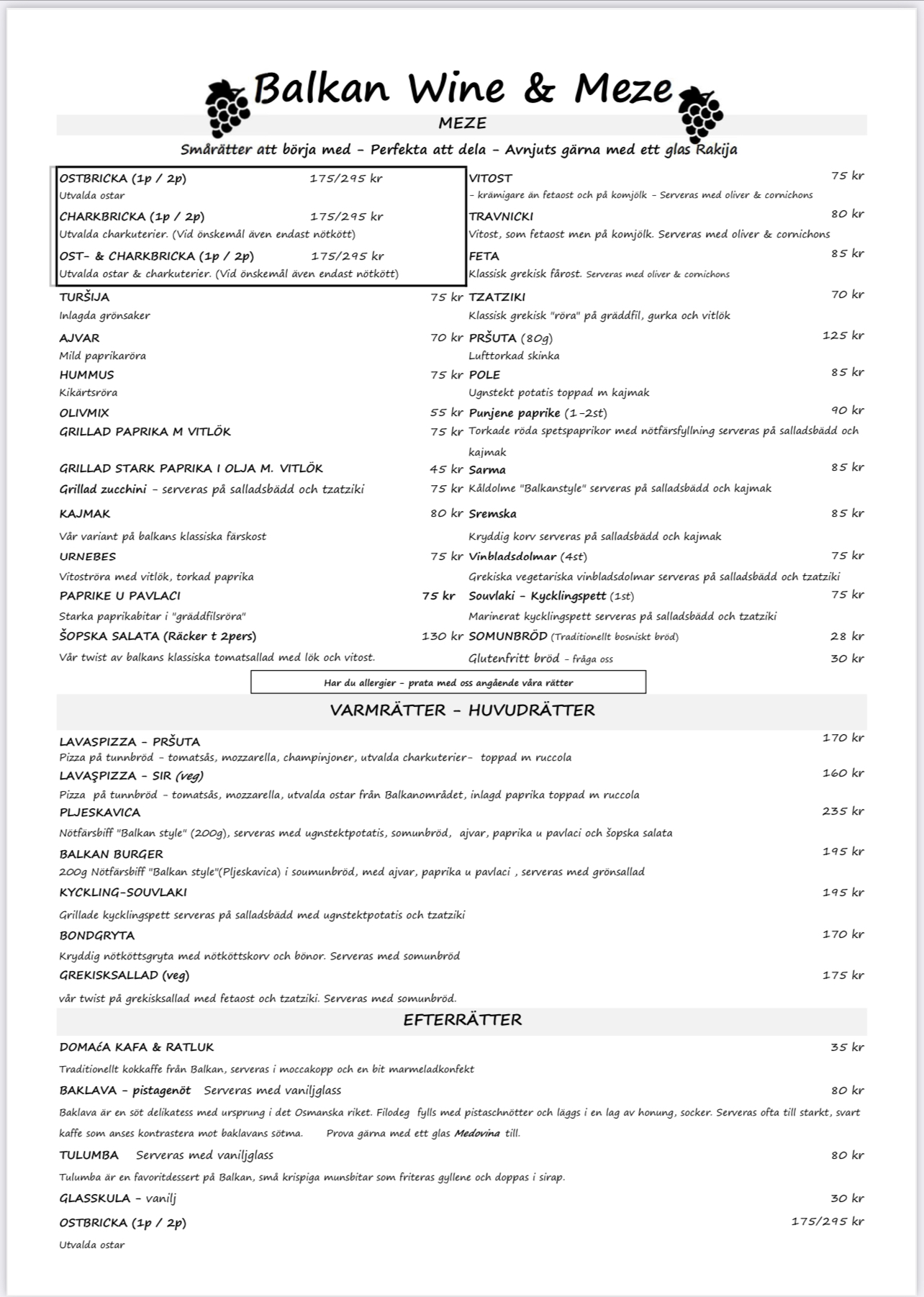 Balkan Wine & Meze - sommarmeny